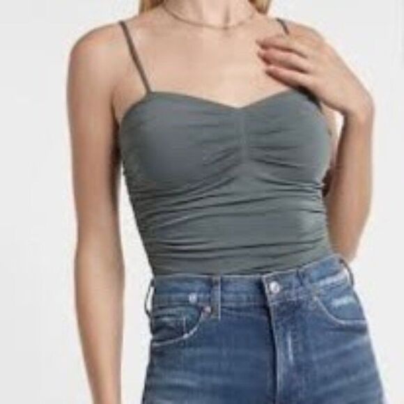 Express Green Body Contour Ruched Thong Bodysuit With Bra Cups XS New - Picture 1 of 12